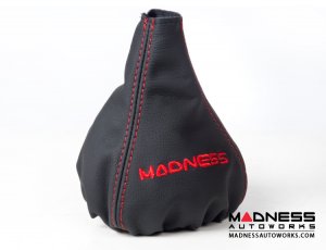FIAT 500 Gear Shift Boot - Black Italy - Black Leather w/ Red Stitching + MADNESS Logo
